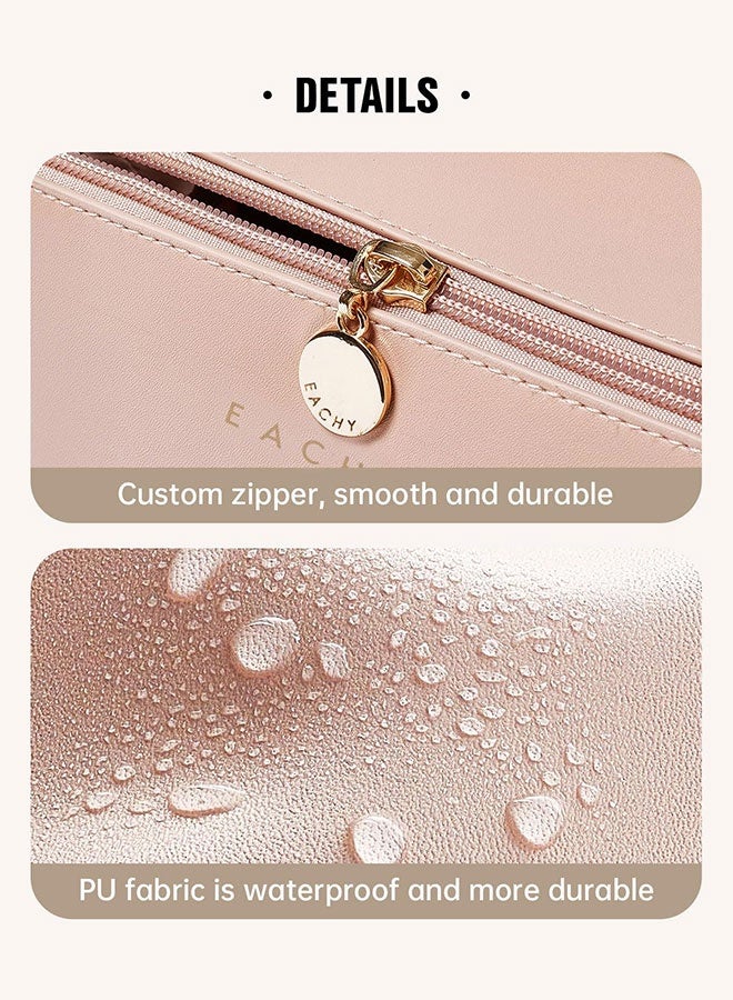 حقيبة مكياج سفر كبيرة للنساء مضادة للماء - منظمة مستلزمات طهارة معتمدة للعمرة، تنفتح بشكل مسطح مع مقبض وأقسام داخلية (مهيأة للحج، وردي ترابي) - Image 5