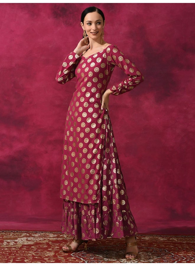 AKS Purple Foil Print Off Shoulder Kurta - Image 4