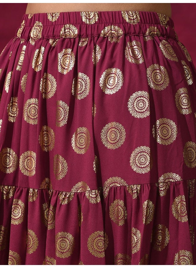 AKS Purple Foil Print Off Shoulder Kurta - Image 3