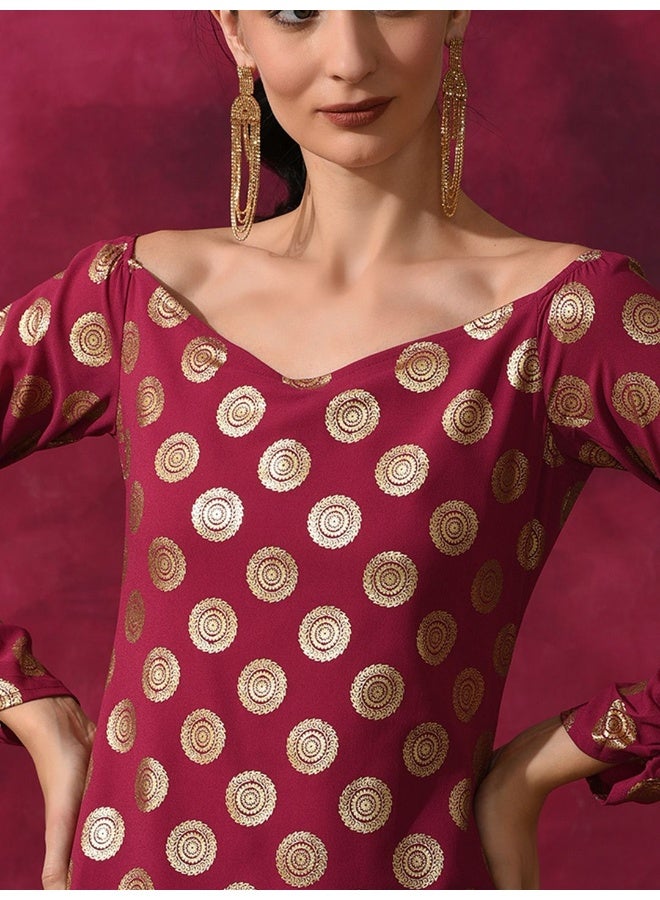 AKS Purple Foil Print Off Shoulder Kurta - Image 2