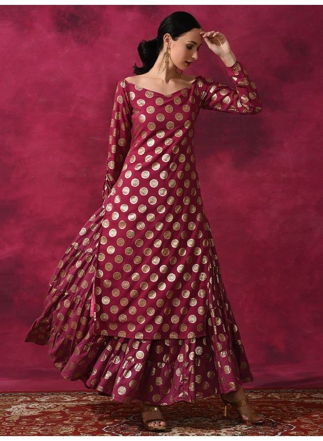 AKS Purple Foil Print Off Shoulder Kurta - Image 5