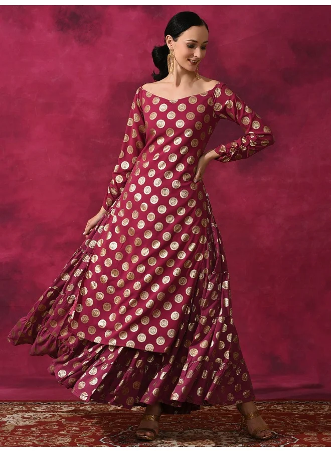 أيه كيه إس Purple Foil Print Off Shoulder Kurta