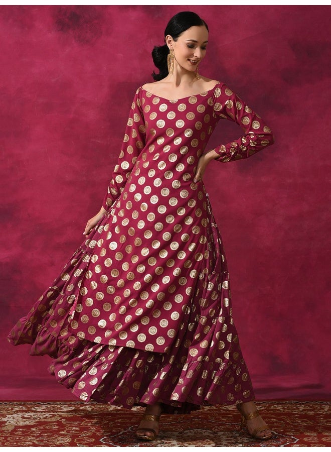 AKS Purple Foil Print Off Shoulder Kurta - Image 1