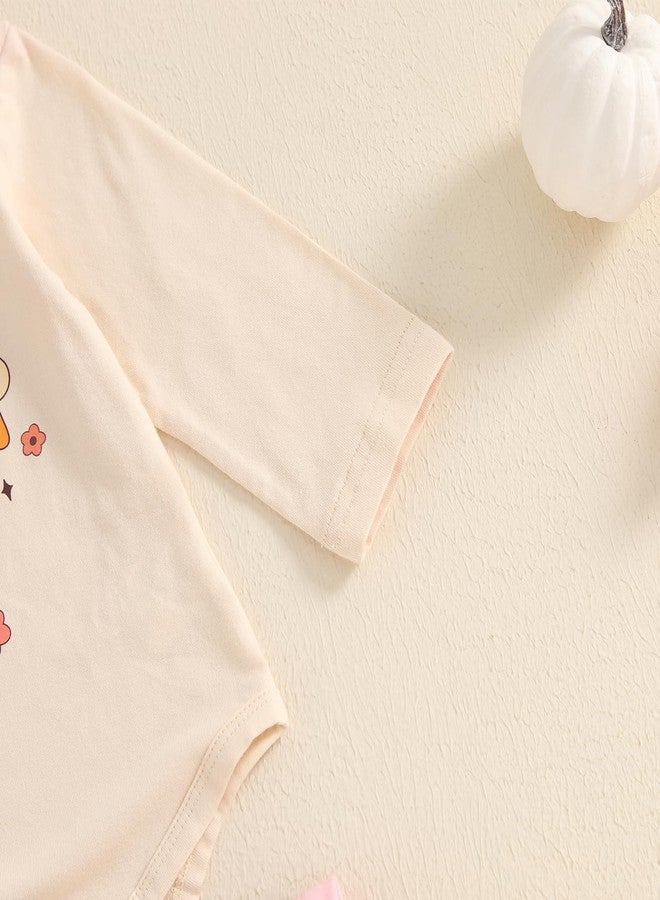 Lamuusaa Newborn Baby Girl Thanksgiving Outfit ''Thick Thighs & Pumpkin Pies'' Long Sleeve Romper Flared Pants Headband Set (Khaki, 6-12 Months) - Image 3
