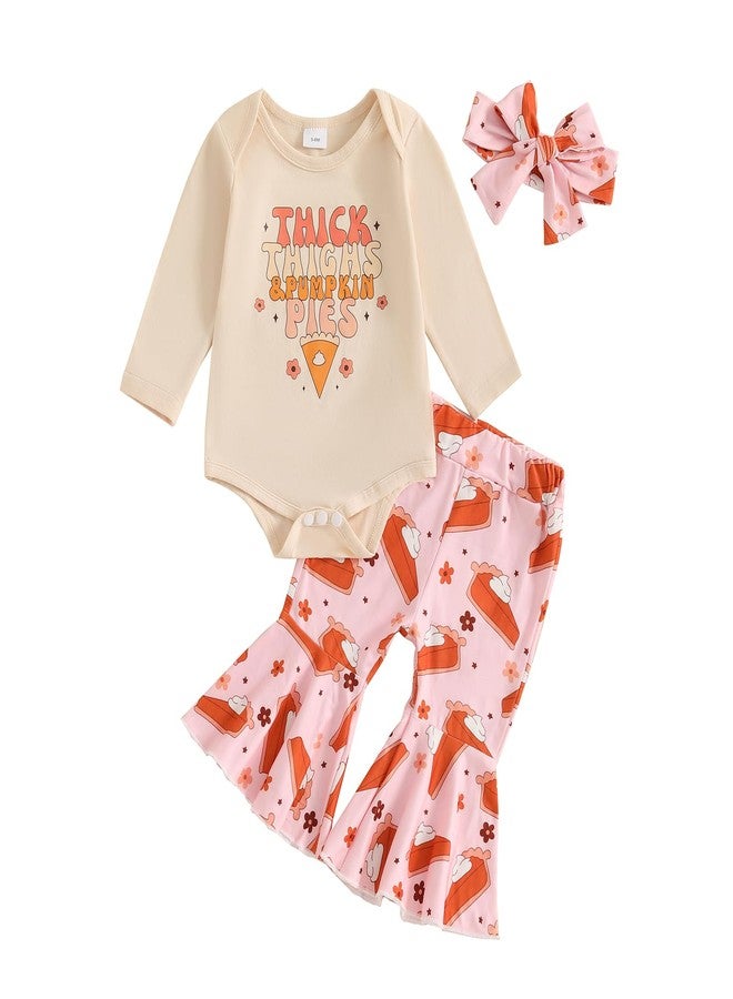 Lamuusaa Newborn Baby Girl Thanksgiving Outfit ''Thick Thighs & Pumpkin Pies'' Long Sleeve Romper Flared Pants Headband Set (Khaki, 6-12 Months) - Image 1