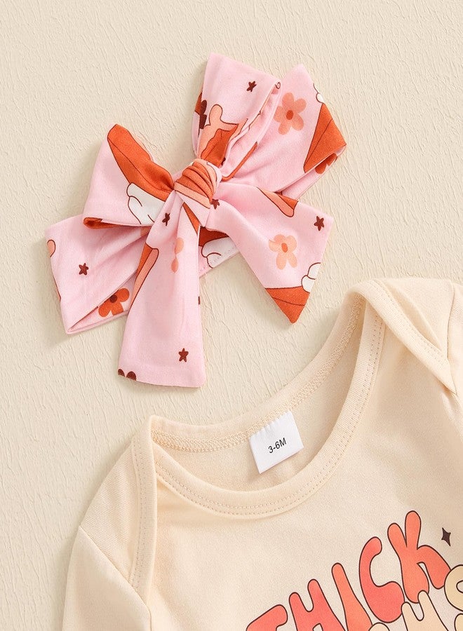 Lamuusaa Newborn Baby Girl Thanksgiving Outfit ''Thick Thighs & Pumpkin Pies'' Long Sleeve Romper Flared Pants Headband Set (Khaki, 6-12 Months) - Image 2