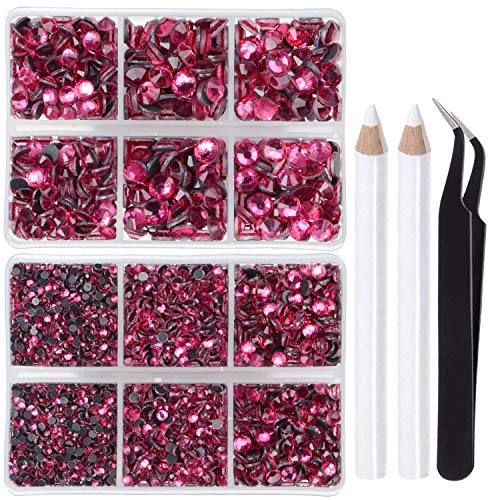 LPBeads 6400 Pieces Hotfix Rhinestones Rose Flat Back 5 Mixed Sizes Crystal Round Glass Gems with Tweezers and Picking Rhinestones Pen - Image 1