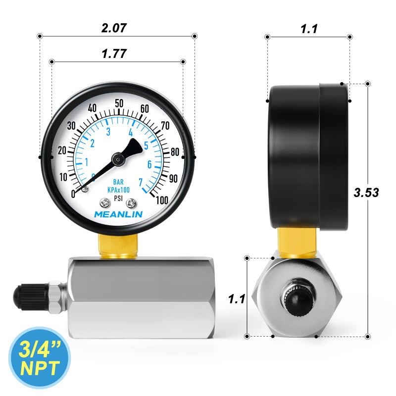 MEANLIN MEASURE 0-100Psi 2" Steel Double Graduated Air Test Pressure gauges, 3/4" FNPT Connection, -3-2-3% Accuracy - Image 2