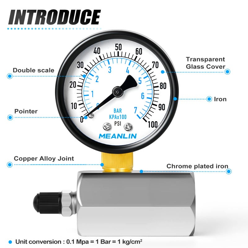 MEANLIN MEASURE 0-100Psi 2" Steel Double Graduated Air Test Pressure gauges, 3/4" FNPT Connection, -3-2-3% Accuracy - Image 4