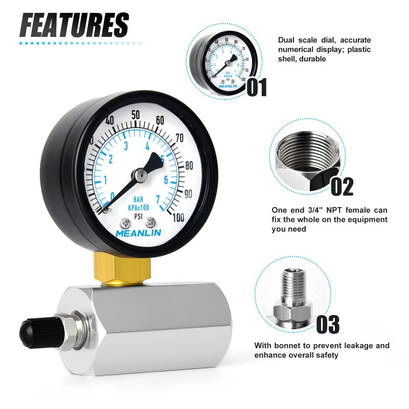 MEANLIN MEASURE 0-100Psi 2" Steel Double Graduated Air Test Pressure gauges, 3/4" FNPT Connection, -3-2-3% Accuracy - Image 5