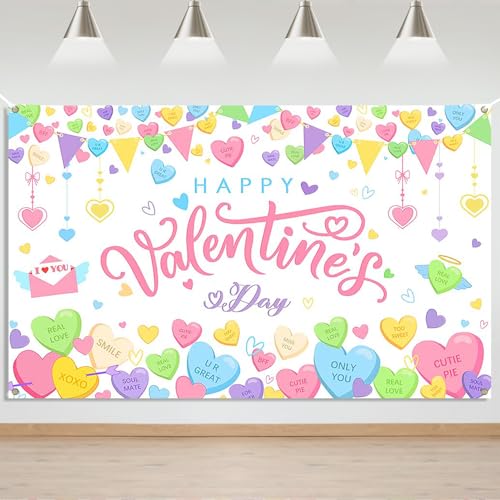 Mocsicka Happy Valentines Day Banner Backdrop Sweet Conversation Heart Valentines Day Party Banner Decorations Pink Romantic Love Photography Backgrounds - Image 1