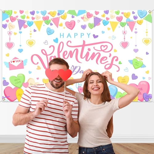 Mocsicka Happy Valentines Day Banner Backdrop Sweet Conversation Heart Valentines Day Party Banner Decorations Pink Romantic Love Photography Backgrounds - Image 2