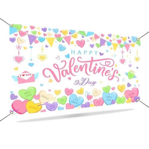 Mocsicka Happy Valentines Day Banner Backdrop Sweet Conversation Heart Valentines Day Party Banner Decorations Pink Romantic Love Photography Backgrounds - Image 5