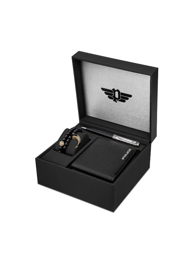 POLICE Men’s Gift Set with Black Leather Bifold Wallet, Black-Silver Stainless Steel Pen & Bracelet