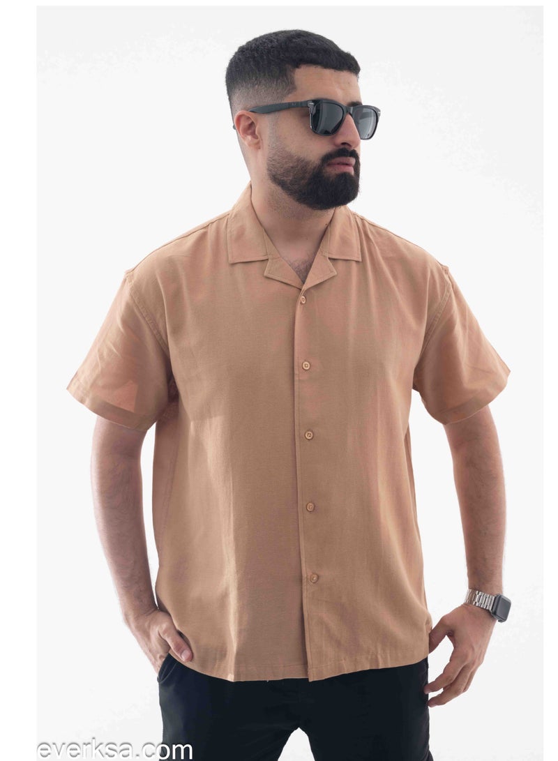 Everest Men's Plain Linen Half Sleeve Shirt in Beige - Image 1