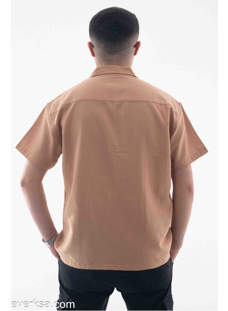 Everest Men's Plain Linen Half Sleeve Shirt in Beige - Image 3