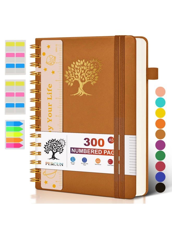 PERCUN Spiral Notebook Journal for Women Men, 300 Numbered Lined Pages, College Ruled, A5 Hardcover Spiral Bound Notebook for School, Work, Note Taking Writing, Leather Spiral Journal Medium 5.9"x8.5" - Image 1