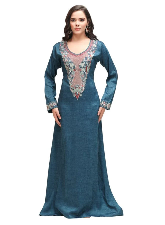 Maxim Creation  Blue Embroidery Handwork V Neck Jalabiya for Women | Best Price UAE