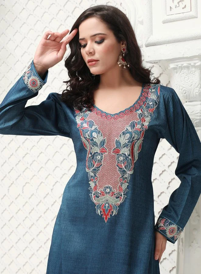 Maxim Creation  Blue Embroidery Handwork V Neck Jalabiya for Women | Best Price UAE