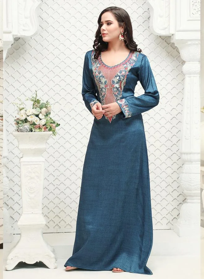 Maxim Creation  Blue Embroidery Handwork V Neck Jalabiya for Women | Best Price UAE