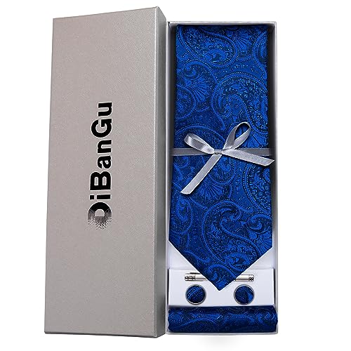 DiBanGu Paisley Ties for Men Silk Necktie and Pocket Square Cufflinks Tie Clip Set Woven Classic Mens Tie for Wedding Party, Royal Blue - Image 4