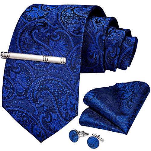 DiBanGu Paisley Ties for Men Silk Necktie and Pocket Square Cufflinks Tie Clip Set Woven Classic Mens Tie for Wedding Party, Royal Blue - Image 3