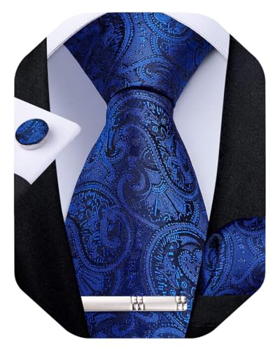DiBanGu Paisley Ties for Men Silk Necktie and Pocket Square Cufflinks Tie Clip Set Woven Classic Mens Tie for Wedding Party, Royal Blue - Image 1