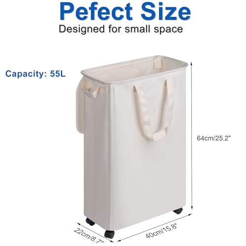 Vincona Slim Laundry Hamper with Lid and Wheels, Small Rolling Laundry Basket with Handle for Small Spaces, Tall Dirty Clothes Hampers for Dorm, Bathroom and Bedroom, 55L, Beige - Image 5