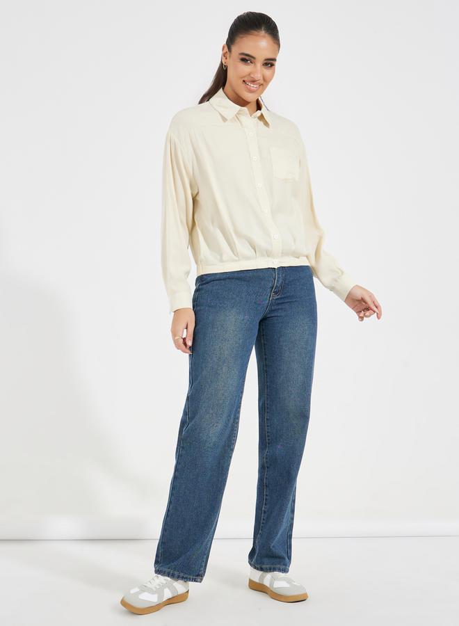 Styli Solid Elasticated Hem Relaxed Fit Blouson Shirt - Image 2