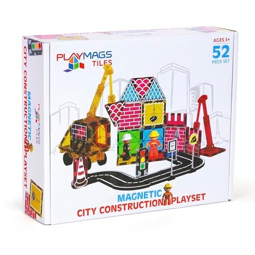 Playmags City Construction Magnetic Tiles Set Building Blocks with Crane Road Pieces Educational STEM Toys for Boys Girls Ages 3 52Piece - Image 1