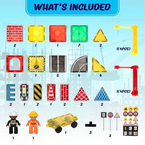 Playmags City Construction Magnetic Tiles Set Building Blocks with Crane Road Pieces Educational STEM Toys for Boys Girls Ages 3 52Piece - Image 5