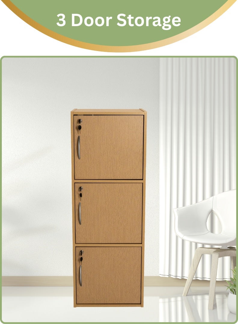 AFT Modern Wooden 3-Tier Storage Cabinet with Lockable Doors – 112 cm Tall Freestanding Organizer with 3 Spacious 35 cm Shelves, 40x40 cm Surface Area, 15 mm Thick Panels – Durable Multipurpose Cupboard for Home, Office, or Bedroom Use – Beech (Arfan) - Image 1