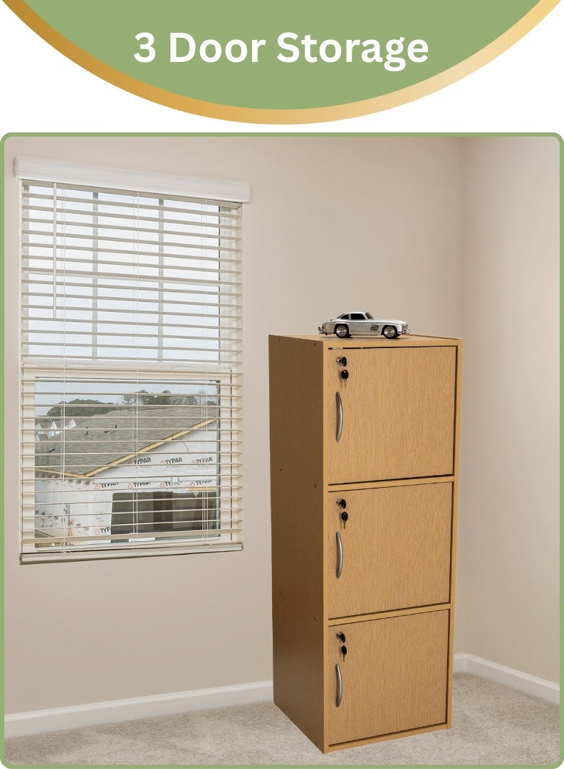 AFT Modern Wooden 3-Tier Storage Cabinet with Lockable Doors – 112 cm Tall Freestanding Organizer with 3 Spacious 35 cm Shelves, 40x40 cm Surface Area, 15 mm Thick Panels – Durable Multipurpose Cupboard for Home, Office, or Bedroom Use – Beech (Arfan) - Image 2