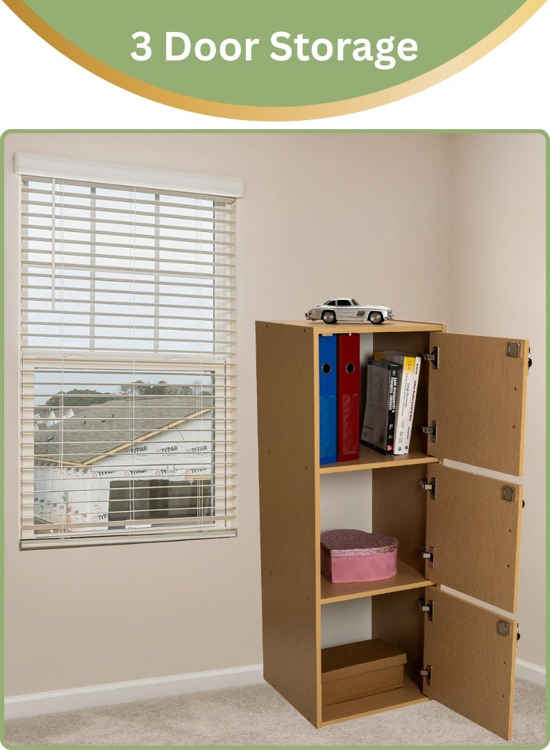 AFT Modern Wooden 3-Tier Storage Cabinet with Lockable Doors – 112 cm Tall Freestanding Organizer with 3 Spacious 35 cm Shelves, 40x40 cm Surface Area, 15 mm Thick Panels – Durable Multipurpose Cupboard for Home, Office, or Bedroom Use – Beech (Arfan) - Image 3
