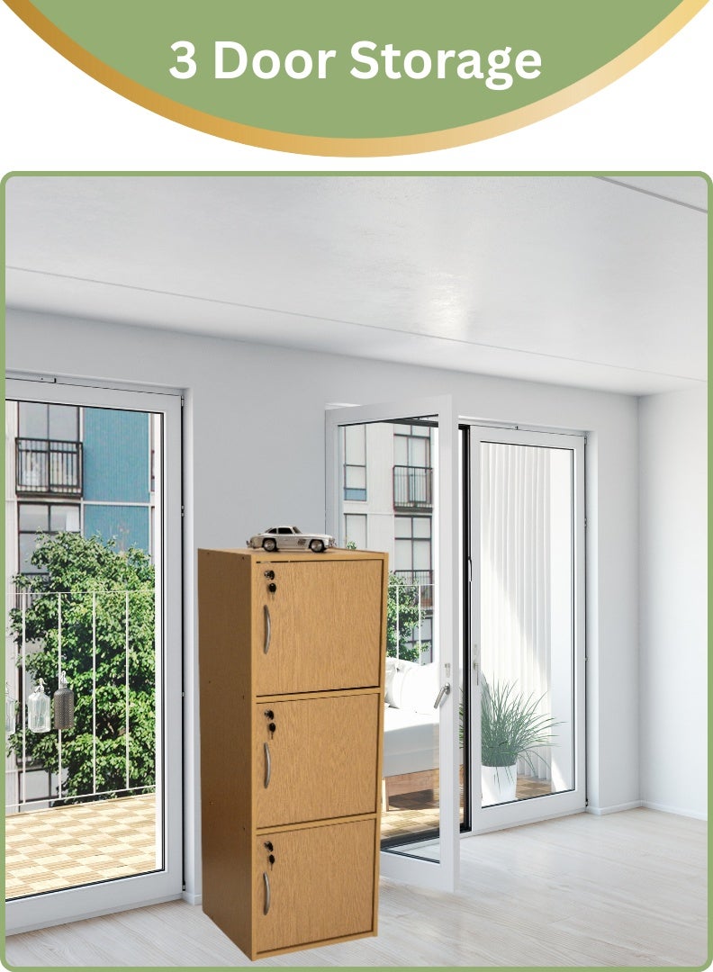 AFT Modern Wooden 3-Tier Storage Cabinet with Lockable Doors – 112 cm Tall Freestanding Organizer with 3 Spacious 35 cm Shelves, 40x40 cm Surface Area, 15 mm Thick Panels – Durable Multipurpose Cupboard for Home, Office, or Bedroom Use – Beech (Arfan) - Image 5