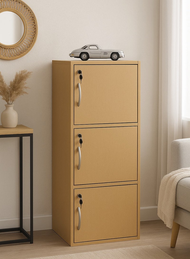 اي اف تي خزانة تخزين خشبية حديثة بثلاث طبقات مع أبواب قابلة للقفل - منظم قائم بذاته بارتفاع 112 سم مع 3 أرفف واسعة بقياس 35 سم، مساحة سطح 40 × 40 سم، ألواح بسمك 15 مم - خزانة متينة متعددة الأغراض للاستخدام في المنزل أو المكتب أو غرفة النوم - خشب الزان (عرفان) - Image 1