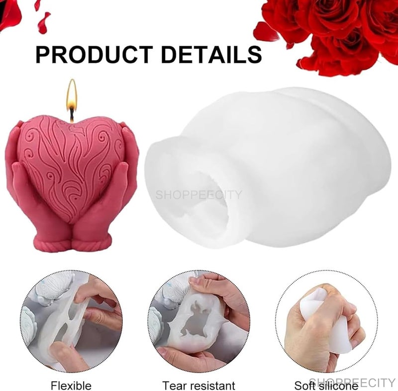 Shoppeecity Candle Mold I 3D Fondant Love Heart Shape with Base Silicone Scented Wax Mould I Hand on The Heart Succulent Molds for DIY Handmade Chocolate Aromatherapy Soap Resin Art Craft Home Decor - Image 2