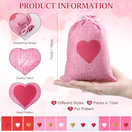 Locmeo 36 Pcs Valentine's Day Burlap Gift Bags with Drawstring Heart Burlap Bags Mini Valentines Present Pouch for Wedding Baby Shower Party Favors DIY Craft(Classic Colors,5 x 7 Inch) - Image 2