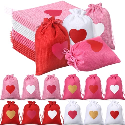 Locmeo 36 Pcs Valentine's Day Burlap Gift Bags with Drawstring Heart Burlap Bags Mini Valentines Present Pouch for Wedding Baby Shower Party Favors DIY Craft(Classic Colors,5 x 7 Inch) - Image 1