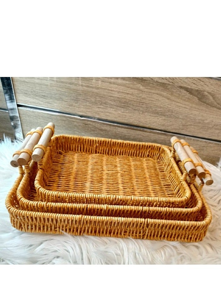 سلة فواكه منسوجة يدوياً، صينية سلة خبز الراتان بمقبض 3 قطع، المساحة الكبيرة 35×27، الحجم المتوسط ​​33×23، القطعة الصغيرة قياس 30×21 - Image 3