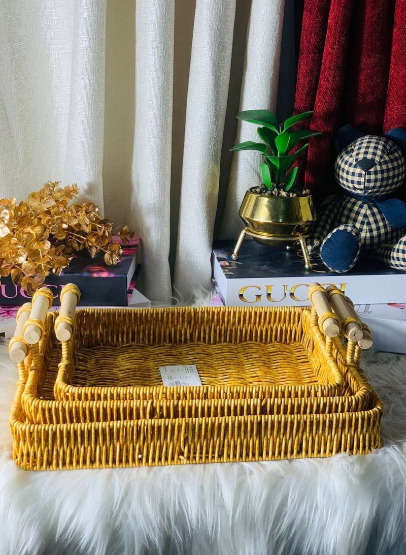 سلة فواكه منسوجة يدوياً، صينية سلة خبز الراتان بمقبض 3 قطع، المساحة الكبيرة 35×27، الحجم المتوسط ​​33×23، القطعة الصغيرة قياس 30×21 - Image 2