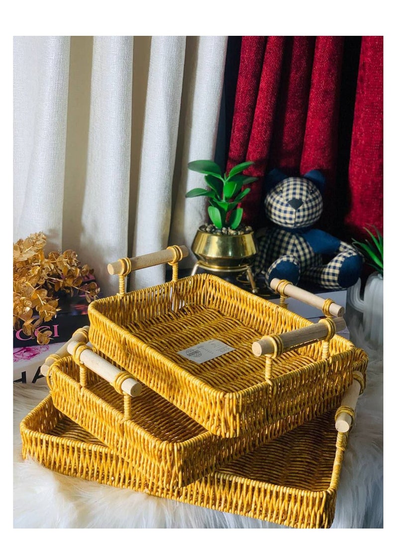 سلة فواكه منسوجة يدوياً، صينية سلة خبز الراتان بمقبض 3 قطع، المساحة الكبيرة 35×27، الحجم المتوسط ​​33×23، القطعة الصغيرة قياس 30×21 - Image 1
