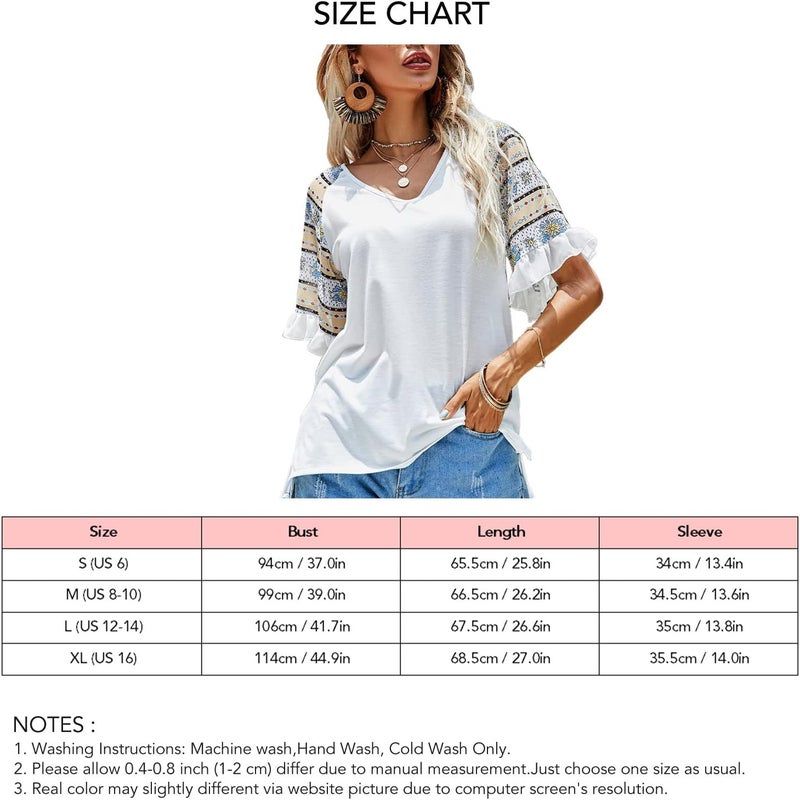 klarako Women Summer V Neck Top Boho Print Ruffle Sleeve T Shirt Comfort Casual Loose Short Sleeve Blouse Basic Leisure Tee - Image 4