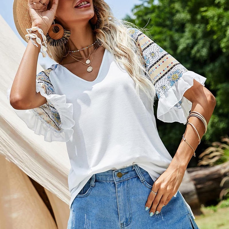 klarako Women Summer V Neck Top Boho Print Ruffle Sleeve T Shirt Comfort Casual Loose Short Sleeve Blouse Basic Leisure Tee - Image 3