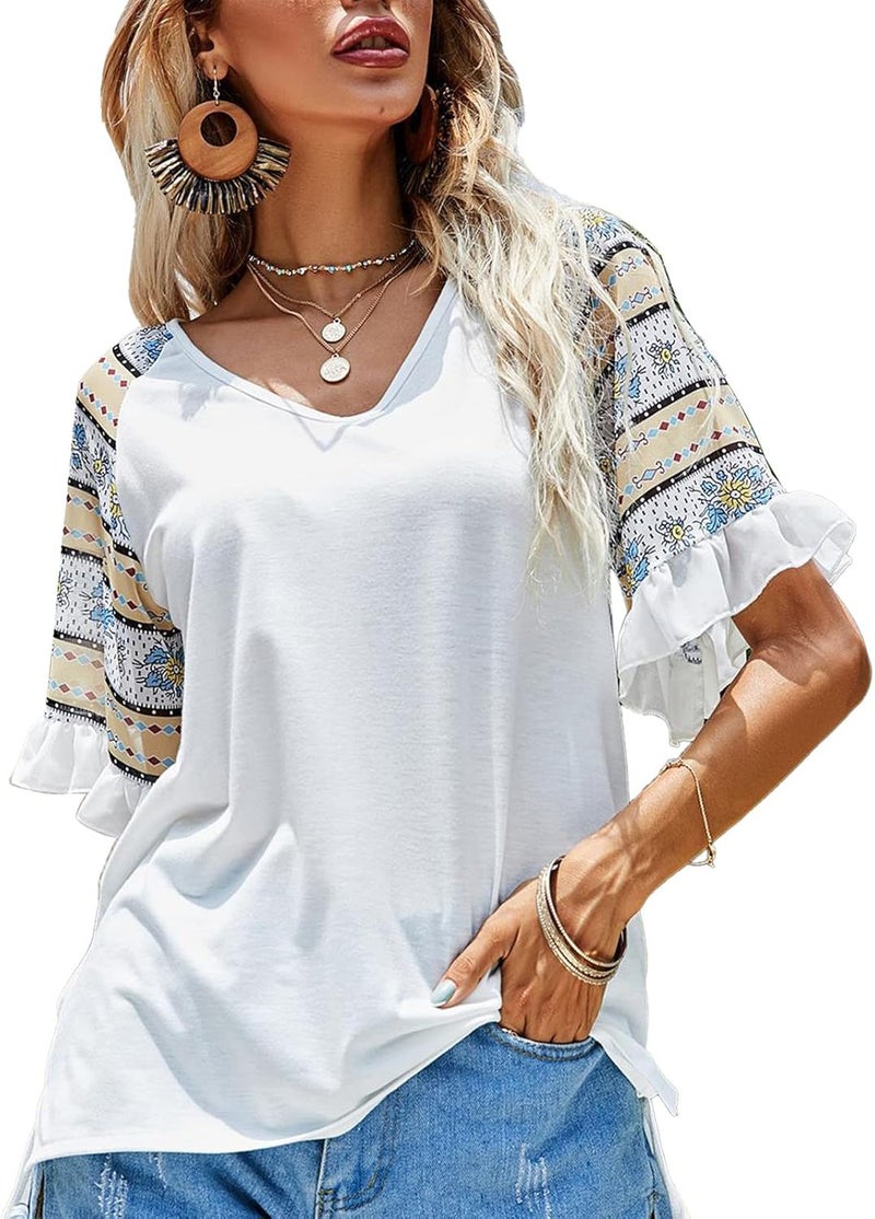 klarako Women Summer V Neck Top Boho Print Ruffle Sleeve T Shirt Comfort Casual Loose Short Sleeve Blouse Basic Leisure Tee - Image 1