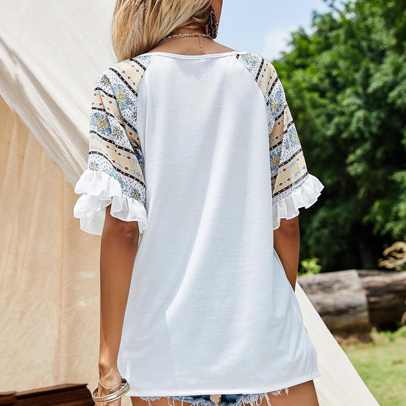klarako Women Summer V Neck Top Boho Print Ruffle Sleeve T Shirt Comfort Casual Loose Short Sleeve Blouse Basic Leisure Tee - Image 5