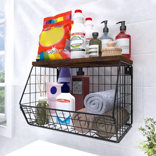 MSJGA Laundry Room Shelves Wall Mounted with Storage Basket - Stackable Wire Wall Shelves Organizer for Towels, Detergent, Tissues | Space-Saving Over Washer & Dryer, Small Spaces(11.8"Wx7.9"Dx8.5"H) - Image 1