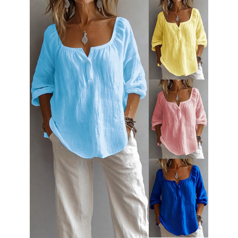 Women's V-Neck Long Sleeve Loose Fit T-Shirt - Image 1