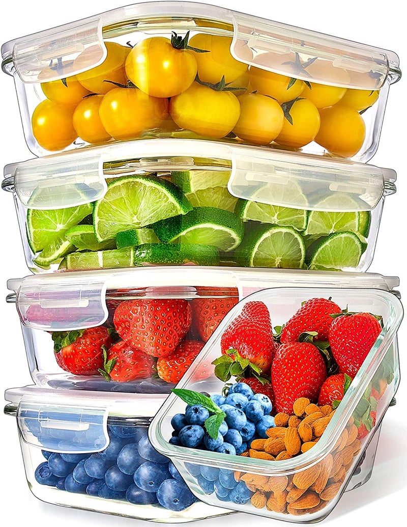 Prep Naturals Glass Meal Prep Containers - Oven, Microwave & Freezer Safe - Leakproof Airtight Glass Storage Containers with Lids - For Food Prep & Lunch - Pack of 5, 36 Oz, Square - Image 1