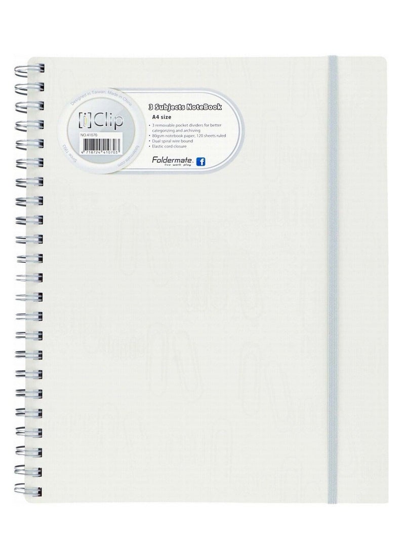 Foldermate - 3-Piece A4 Size Spiral Subject Notebook With Elastic Closure White Cover - Image 1